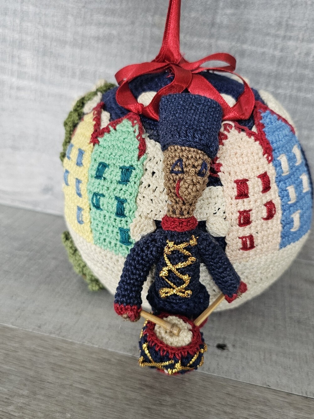 Crocheted 5" Ball Drummer Boy In Village Christmas Ornament Handmade OOAK Rare